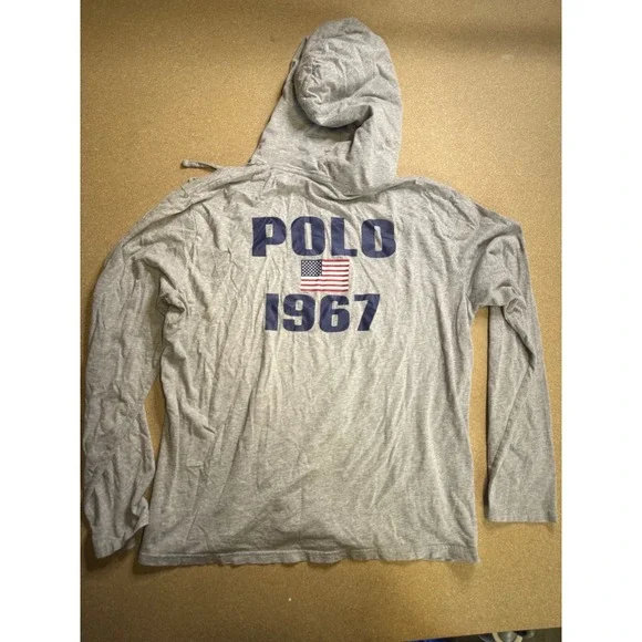Ralph Lauren Mens Grey Long Sleeve Hoodie Polo Player Flag 1967 Logo Size L - Picture 5 of 8